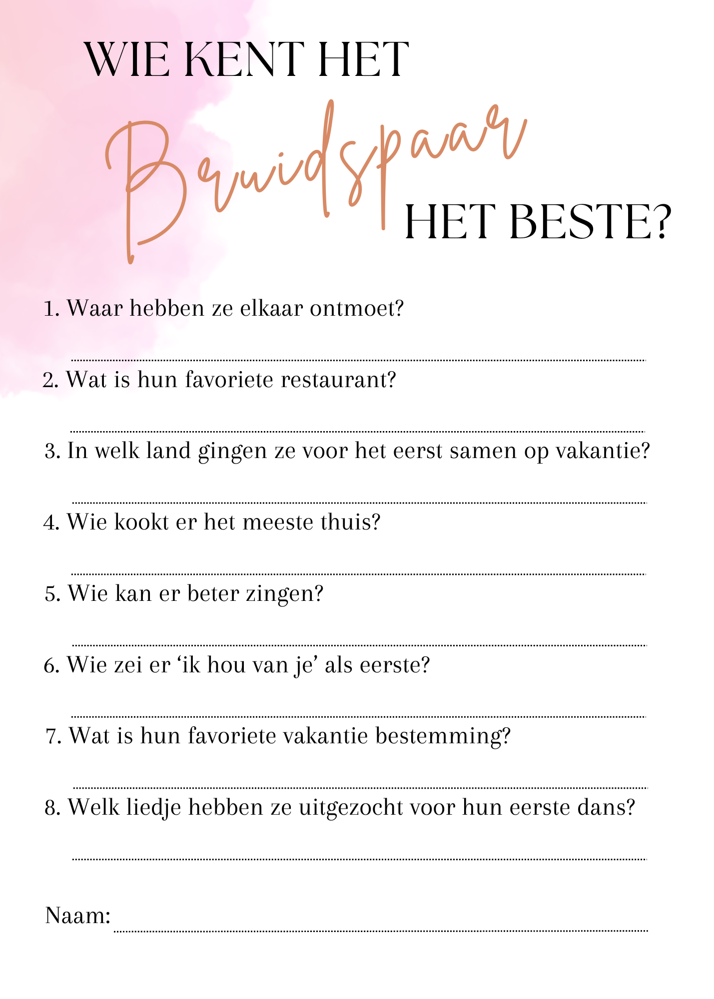 Wie kent het bruidspaar het beste? (Nederlandse versie)